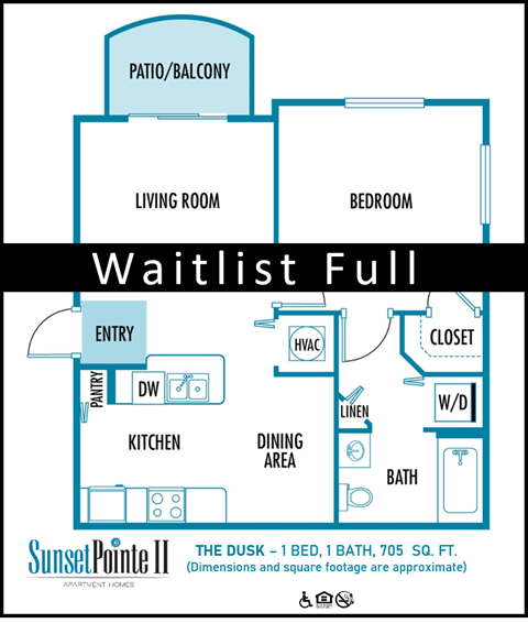 Floor plan for 1 bed, 1 bath, 707 sqft